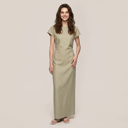 【Casual Everyday】 Midi A-Line Polyester Chic Round Neck Ruched Short Sleeve Dress - MYTHSIS