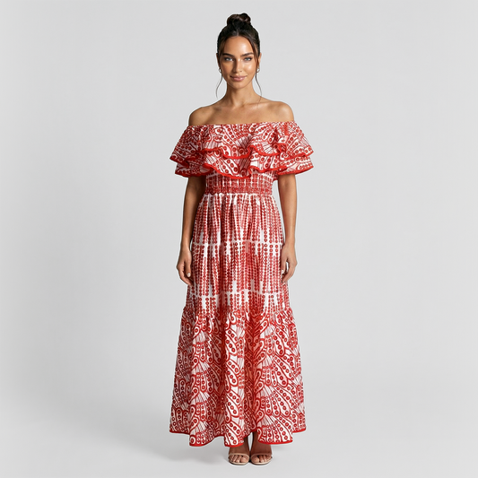 One collar ruffle edge embroidered hollow vacation mix dress
