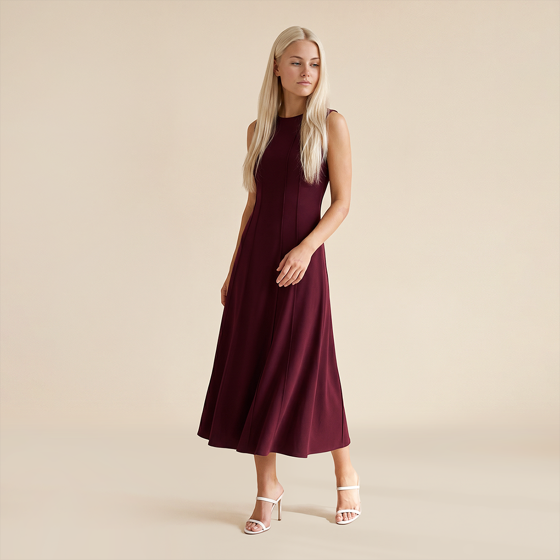 Casual Everyday Maxi A-Line Polyester Chic Round Neck Ruched Sleeveless Dress - MYTHSIS