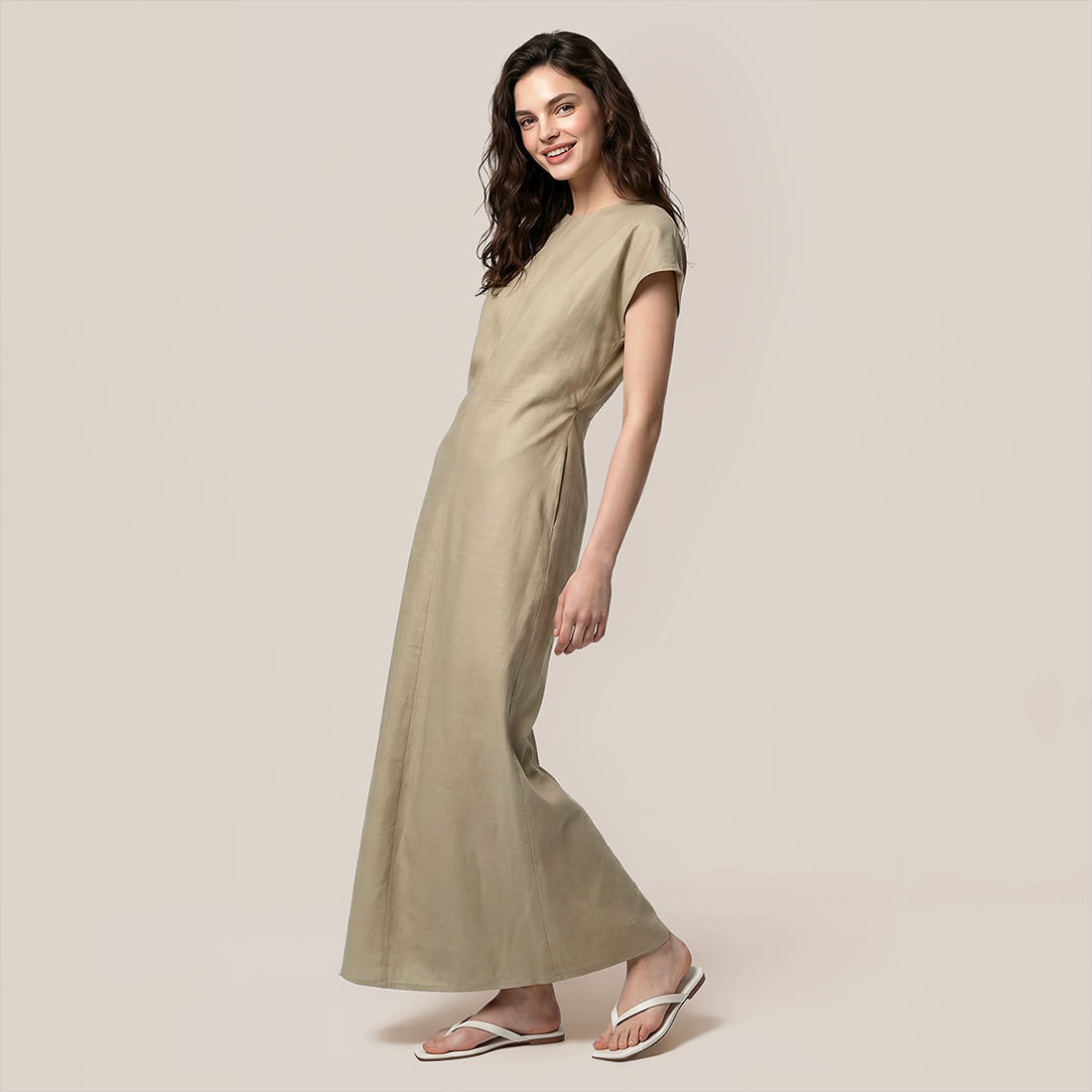 【Casual Everyday】 Midi A-Line Polyester Chic Round Neck Ruched Short Sleeve Dress - MYTHSIS