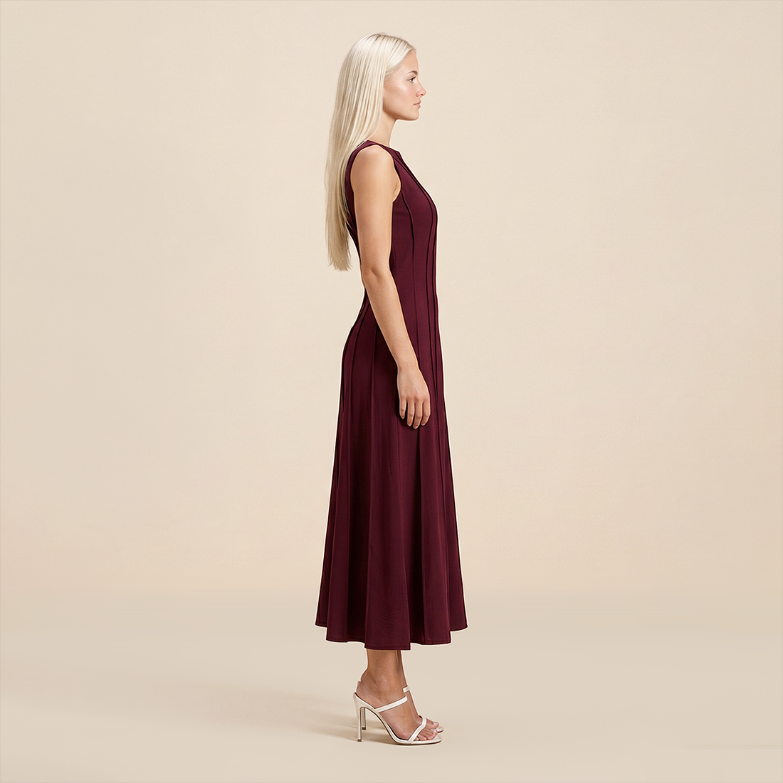 Casual Everyday Maxi A-Line Polyester Chic Round Neck Ruched Sleeveless Dress - MYTHSIS