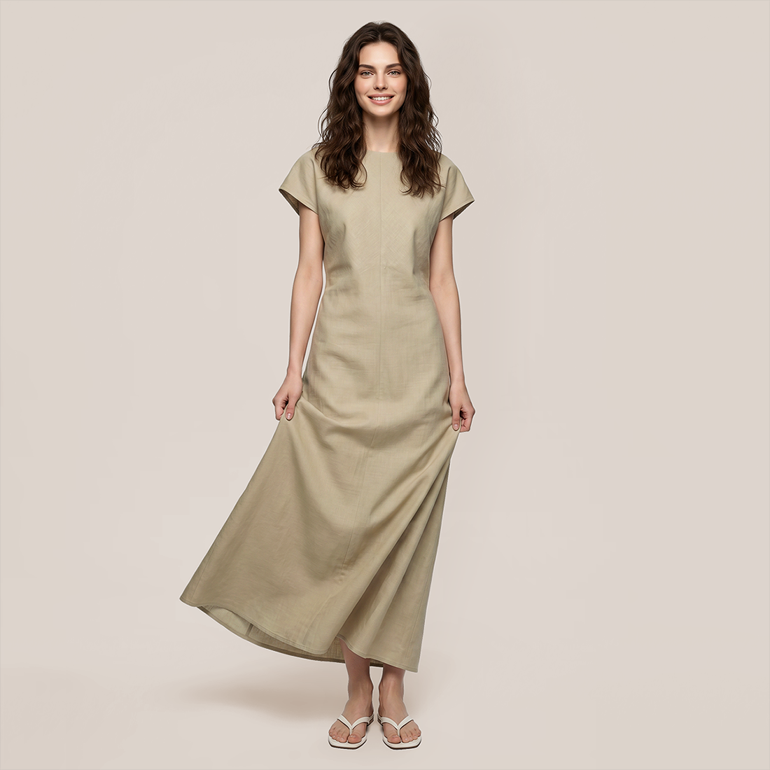 【Casual Everyday】 Midi A-Line Polyester Chic Round Neck Ruched Short Sleeve Dress - MYTHSIS