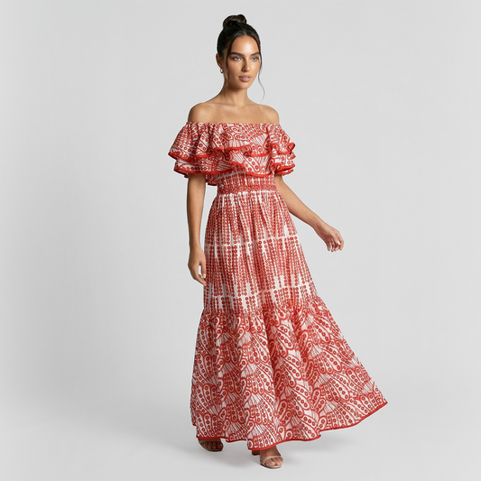 One collar ruffle edge embroidered hollow vacation mix dress