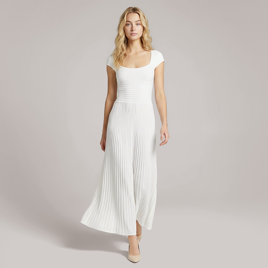 Square neck short sleeved A-line medium length knitted dress