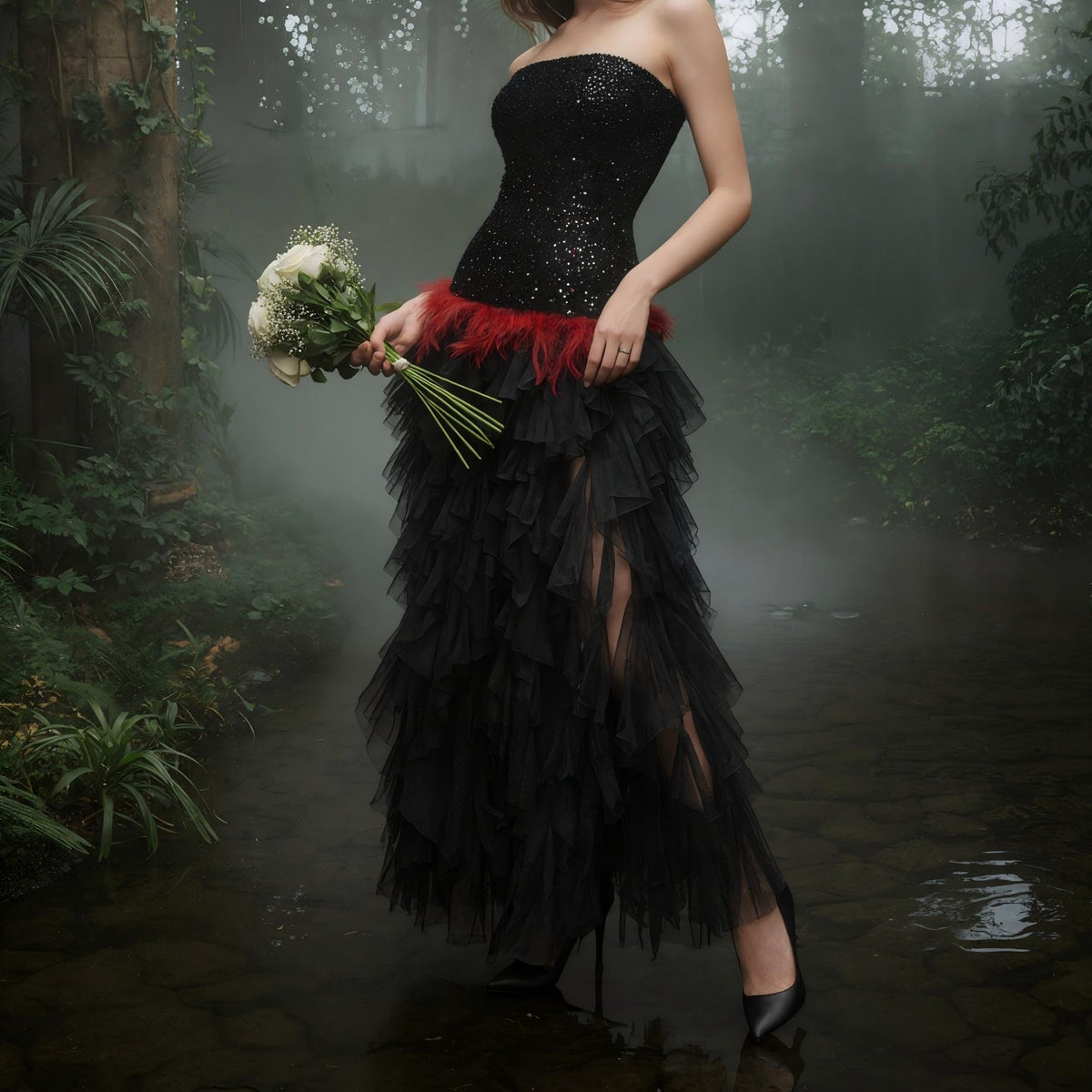 【Party & Event】 Maxi A-Line Sequin Polyester Sexy Strapless Rhinestone Feather Mesh Dress - MYTHSIS