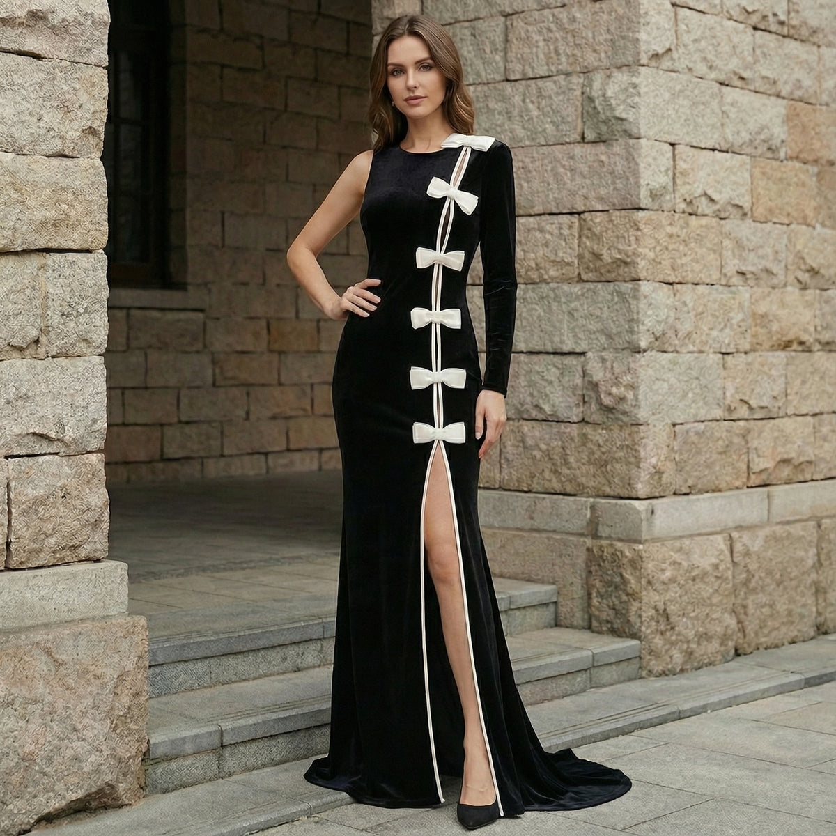 【Party & Event】 Maxi Sheath Velvet Polyester Triacetate Casual Round Neck 3D Flower Bow Slit Dress - MYTHSIS