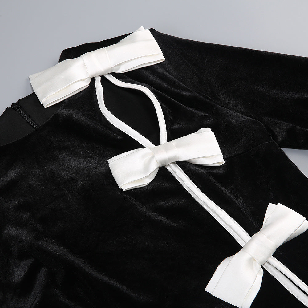 【Party & Event】 Maxi Sheath Velvet Polyester Triacetate Casual Round Neck 3D Flower Bow Slit Dress - MYTHSIS