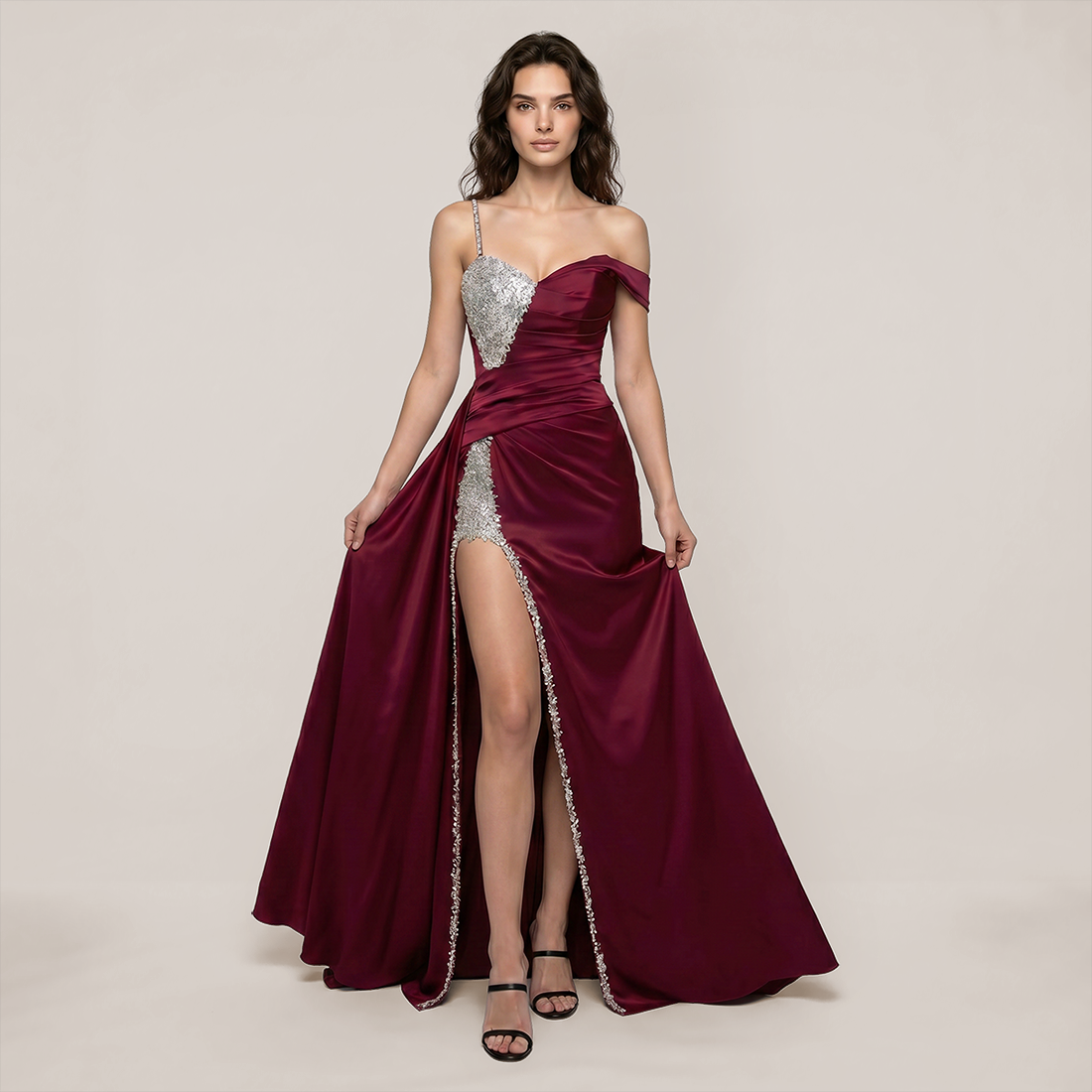 Formal Evening Maxi Fit & Flare Sequin Glam Spaghetti Strap Slit Dress - MYTHSIS