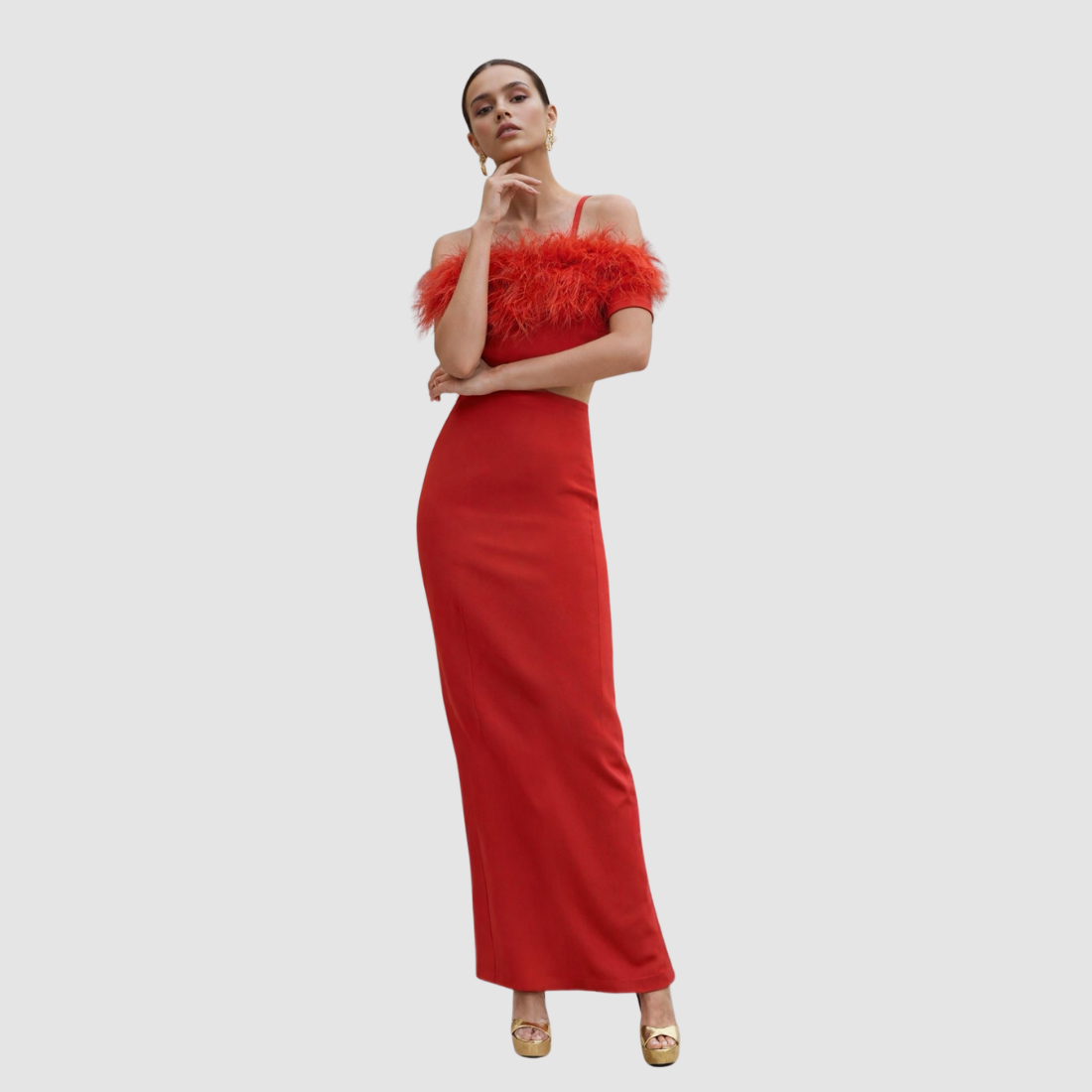【Party & Event】 Maxi Sheath Polyester Glam Off-Shoulder Feather Spliced Dress - MYTHSIS