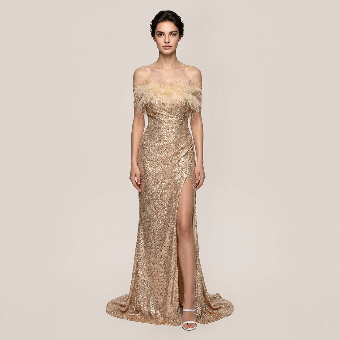 Formal Evening Maxi A-Line Sequin Elegant Feather Trim Open Back Dress - MYTHSIS