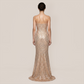 Formal Evening Maxi A-Line Sequin Elegant Feather Trim Open Back Dress - MYTHSIS