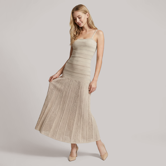 French hollow pattern knitted midi dress