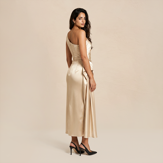Formal Evening Maxi Sheath Satin Glam Off-Shoulder Solid High Waist Dress - MYTHSIS