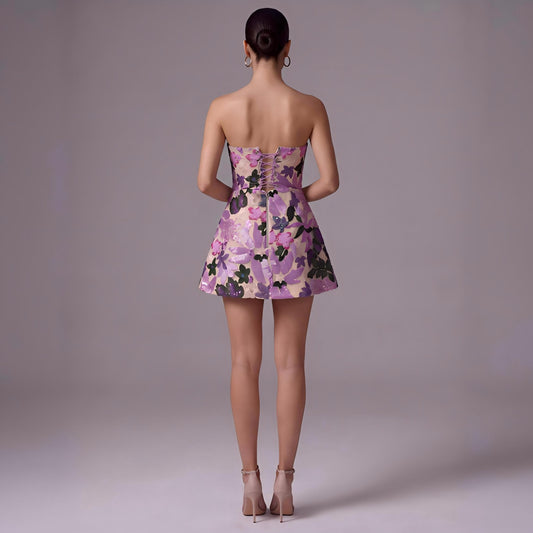 Wholesale Women's Purple Floral Sequin Strapless Mini Party Dress