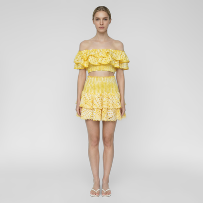 Embroidered Ruffle Off-Shoulder Crop Top and Skirt Set