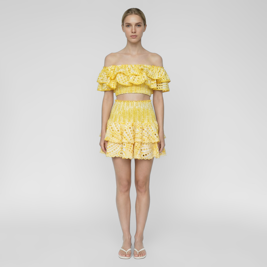 Embroidered Ruffle Off-Shoulder Crop Top and Skirt Set