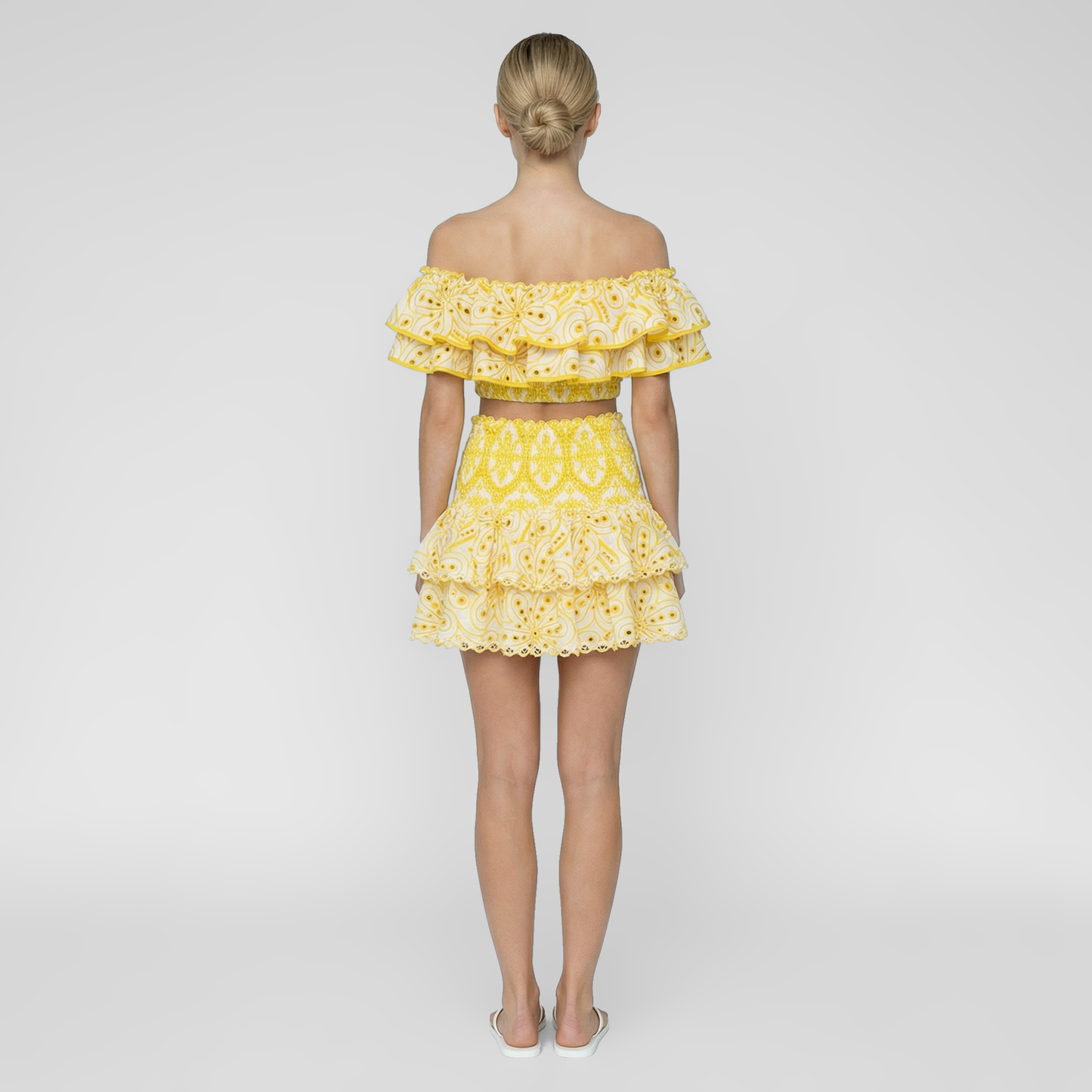 Embroidered Ruffle Off-Shoulder Crop Top and Skirt Set