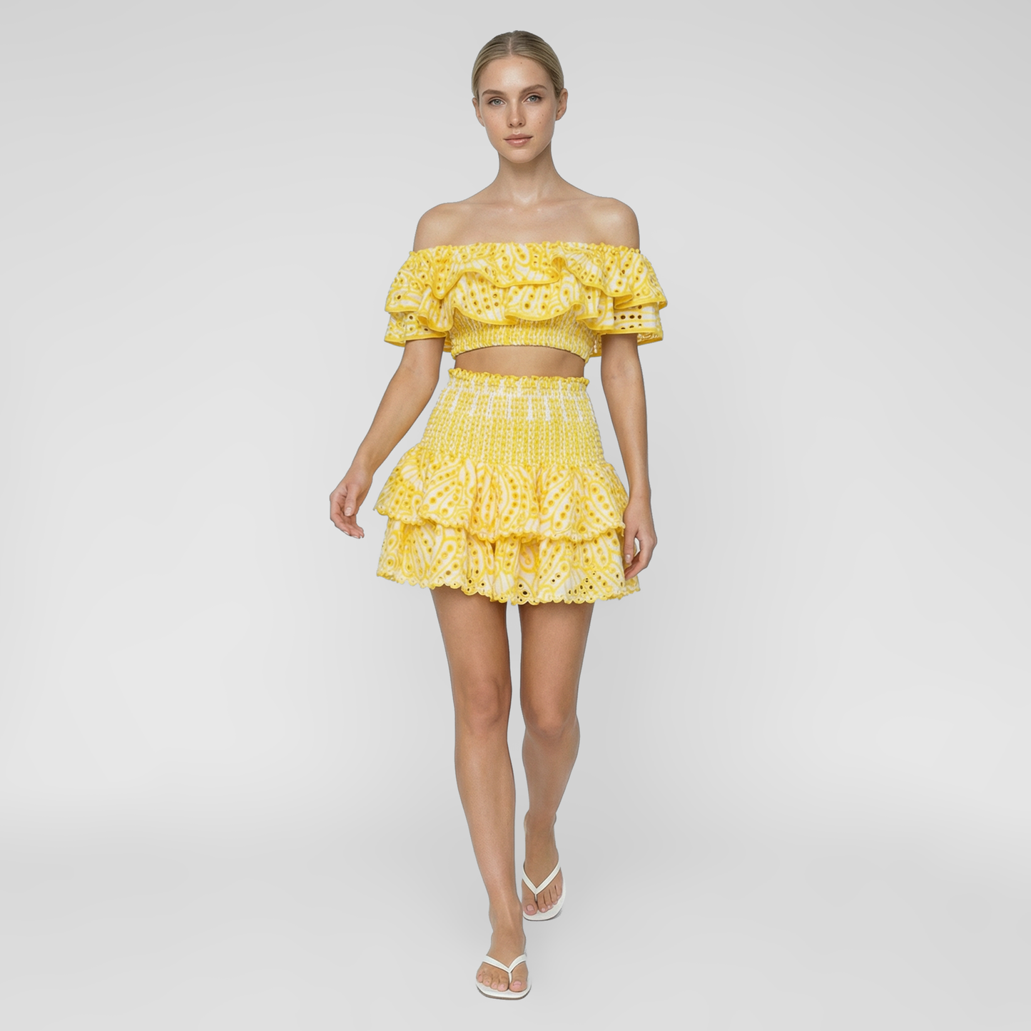 Embroidered Ruffle Off-Shoulder Crop Top and Skirt Set