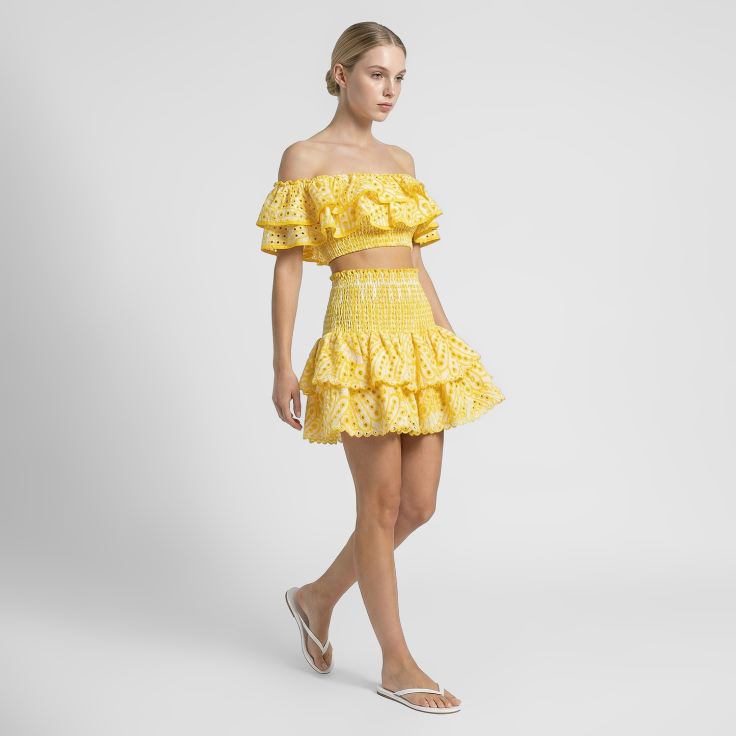 Embroidered Ruffle Off-Shoulder Crop Top and Skirt Set