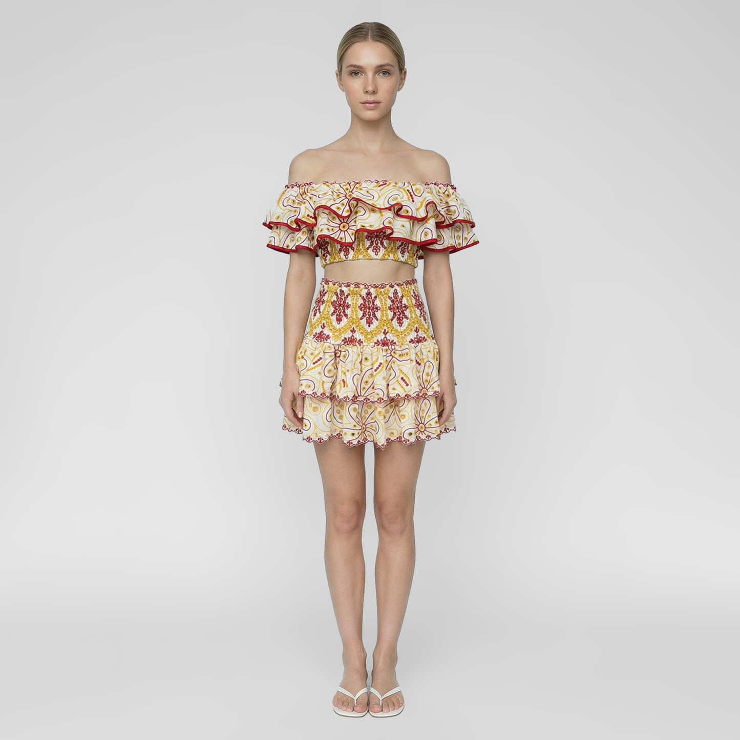 Embroidered Ruffle Off-Shoulder Crop Top and Skirt Set