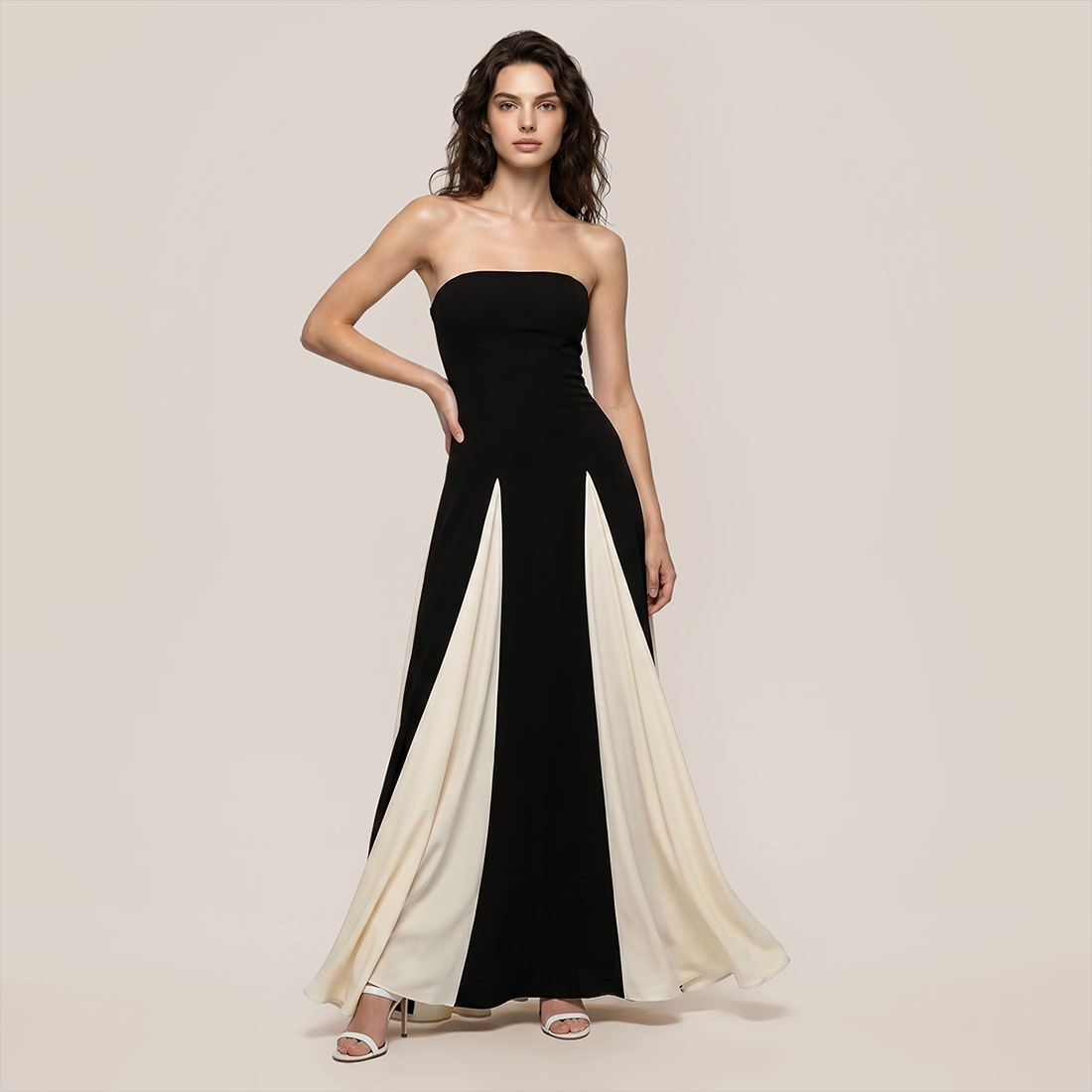 Formal Evening Maxi A-Line Polyester Elegant Colorblock Petal Hem Dress - MYTHSIS