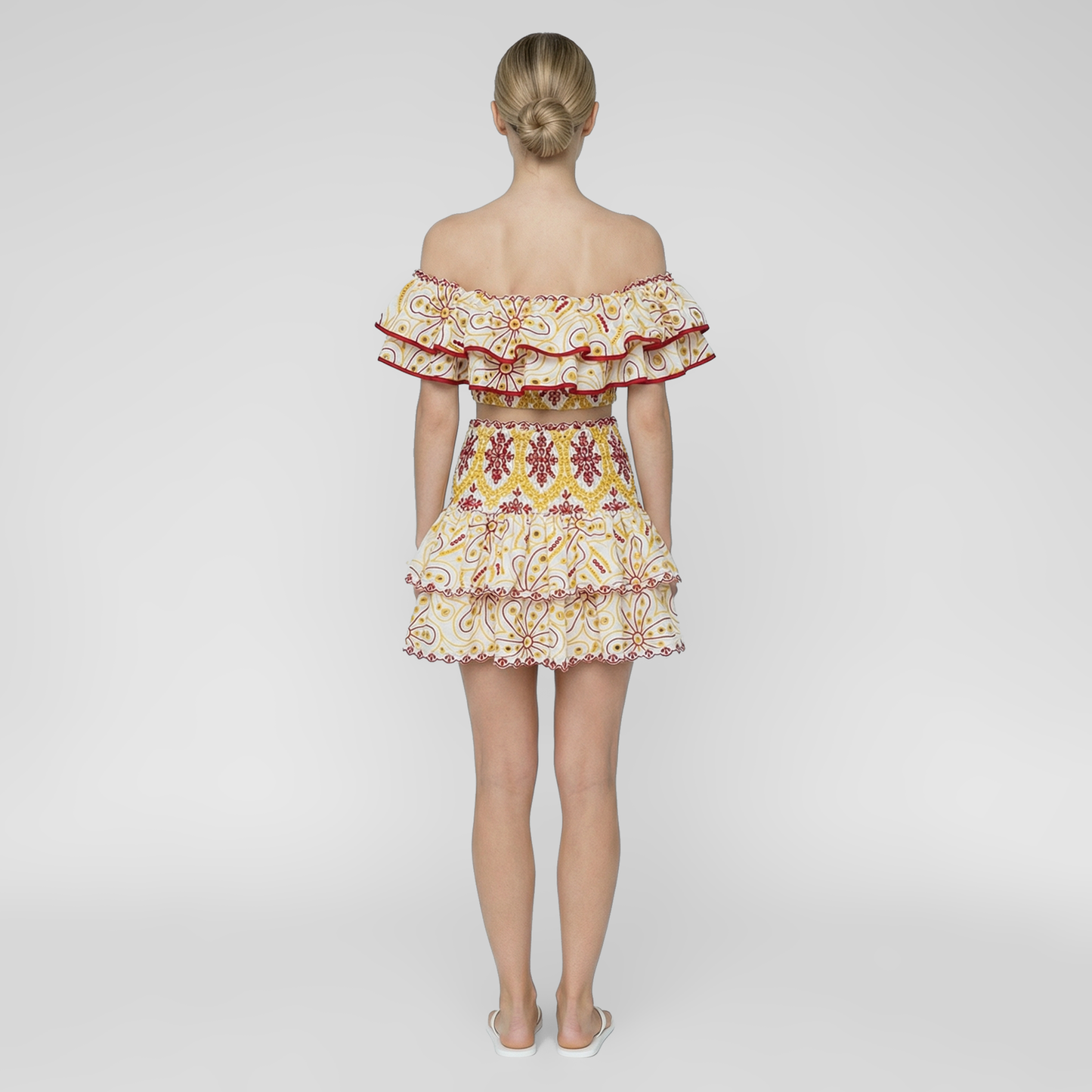 Embroidered Ruffle Off-Shoulder Crop Top and Skirt Set