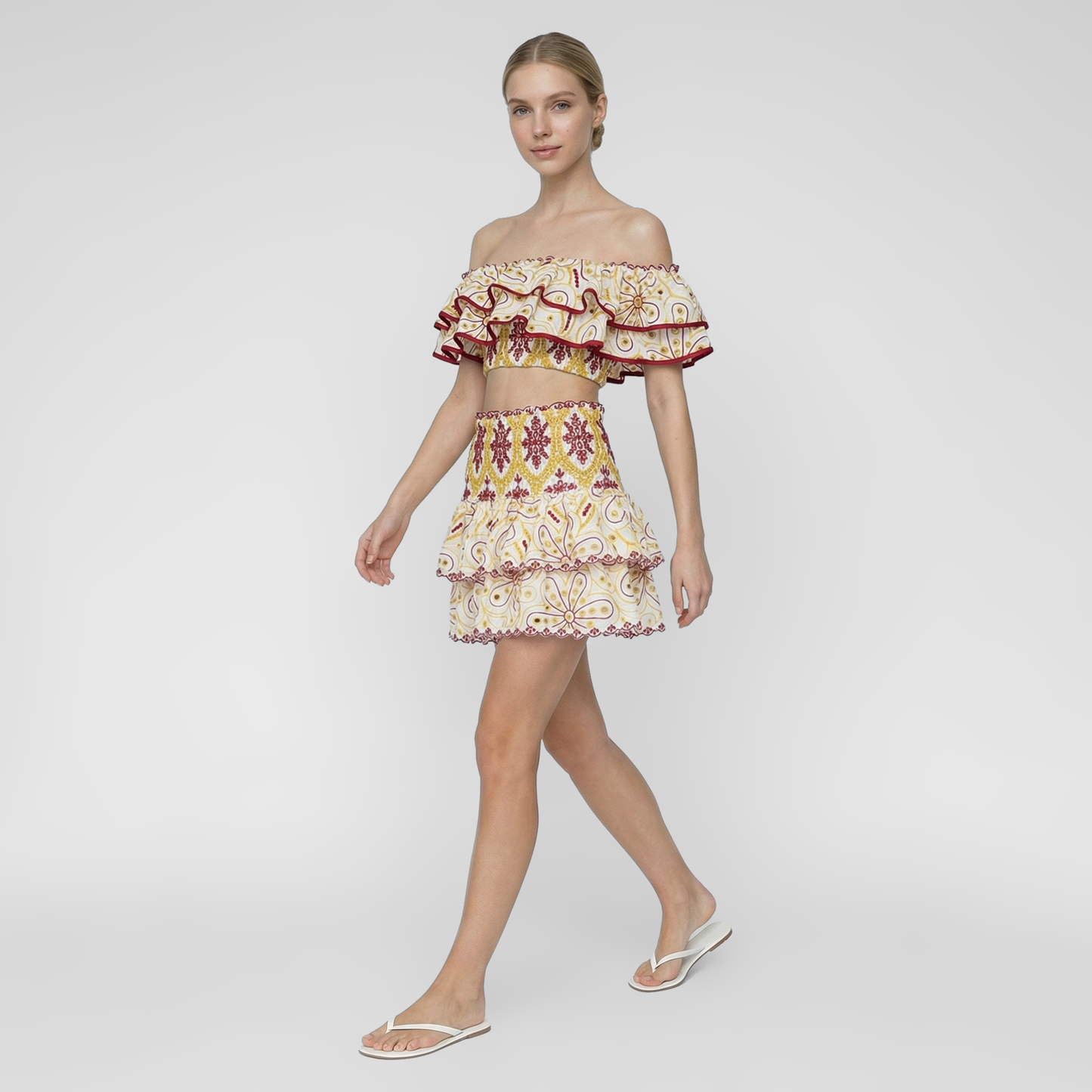 Embroidered Ruffle Off-Shoulder Crop Top and Skirt Set
