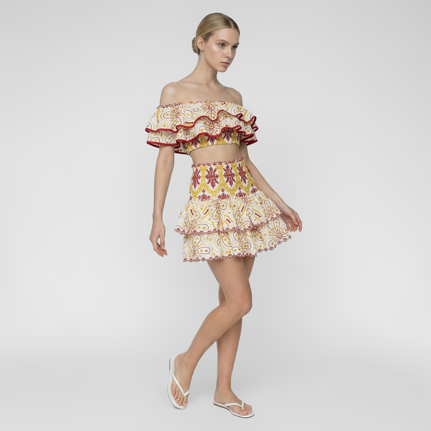 Embroidered Ruffle Off-Shoulder Crop Top and Skirt Set