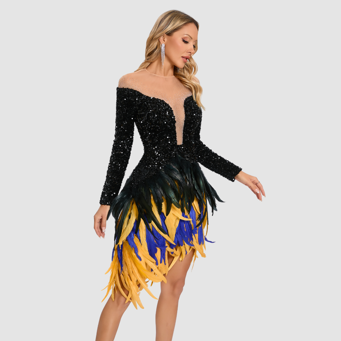 【Party & Event】 Midi Sheath Sequin Polyester Sexy V-Neck Feather Spliced Dress - MYTHSIS