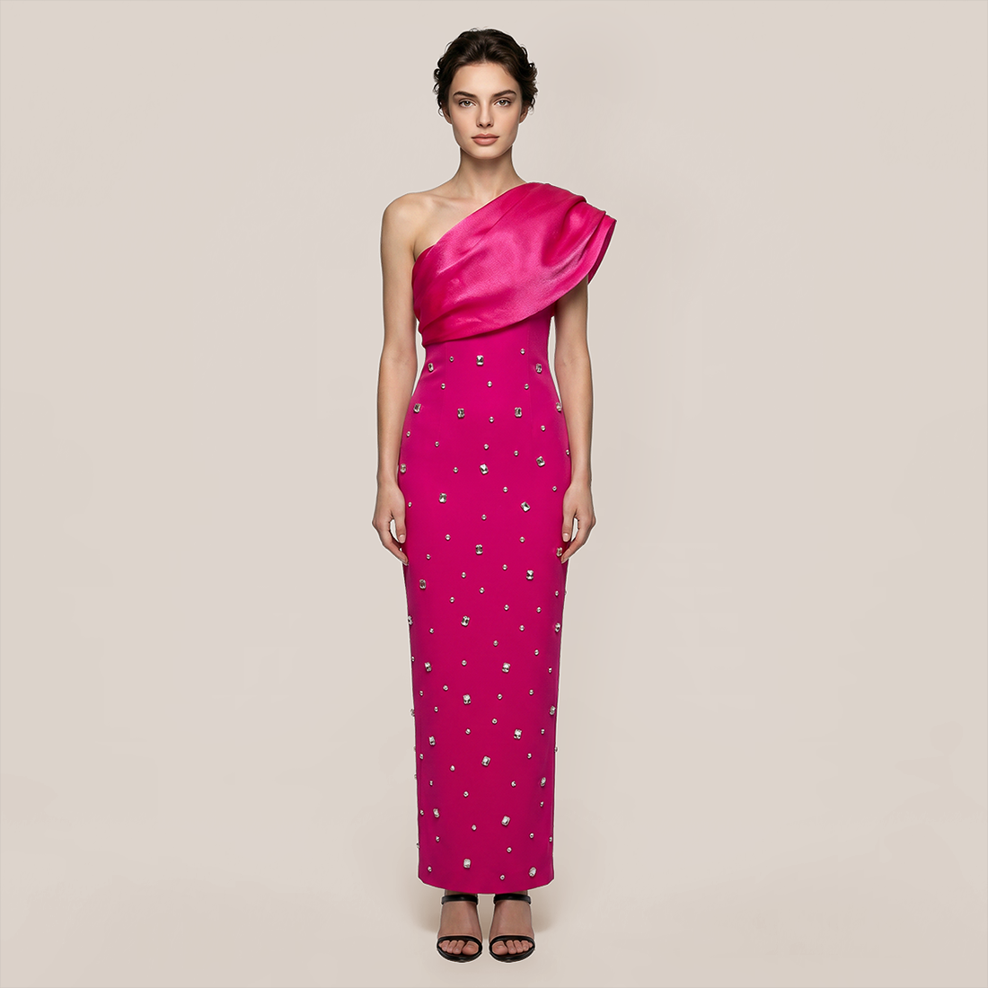 Formal Evening Maxi Bodycon Polyester Glam One-Shoulder Rhinestone Bandage Dress - MYTHSIS