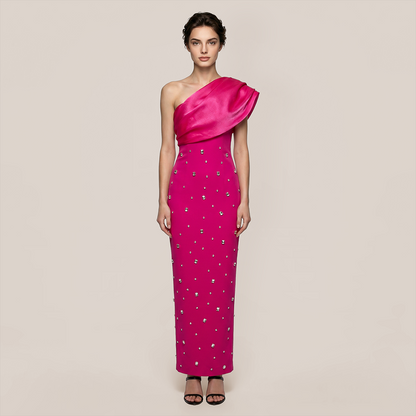 Formal Evening Maxi Bodycon Polyester Glam One-Shoulder Rhinestone Bandage Dress - MYTHSIS