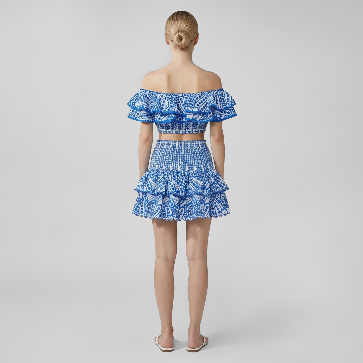 Embroidered Ruffle Off-Shoulder Crop Top and Skirt Set