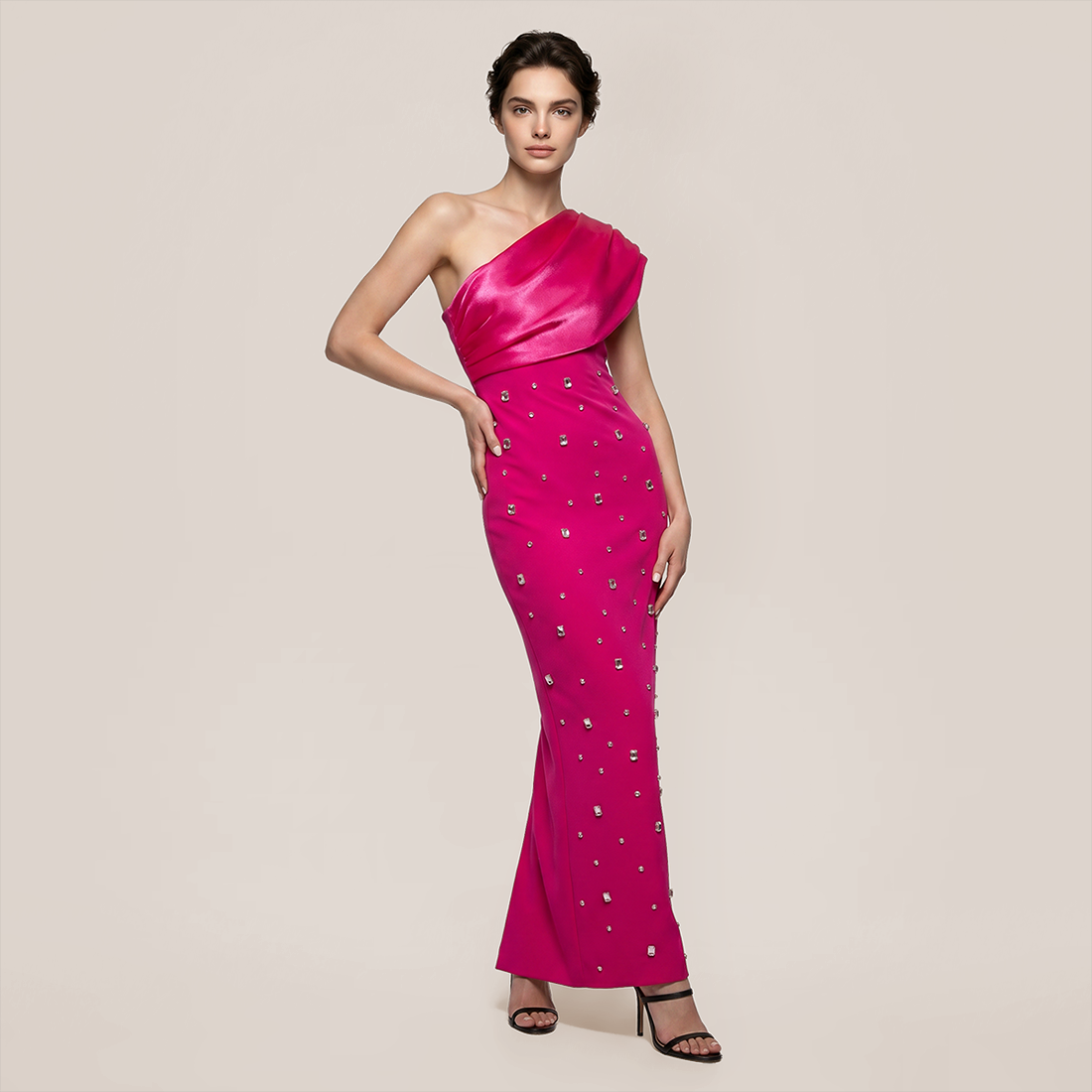 Formal Evening Maxi Bodycon Polyester Glam One-Shoulder Rhinestone Bandage Dress - MYTHSIS
