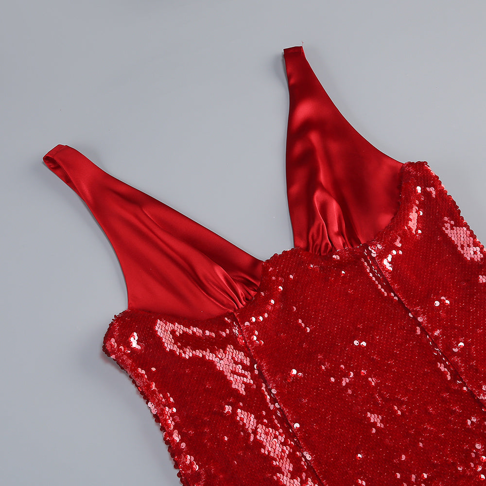 【Party & Event】 Maxi Mermaid Sequin Polyester Sexy V-Neck Satin Spliced Dress - MYTHSIS