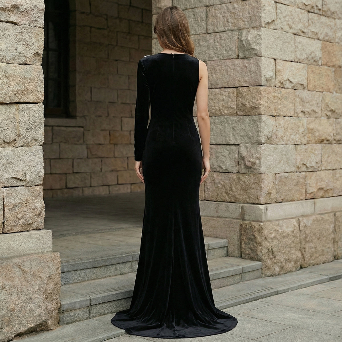 【Party & Event】 Maxi Sheath Velvet Polyester Triacetate Casual Round Neck 3D Flower Bow Slit Dress - MYTHSIS