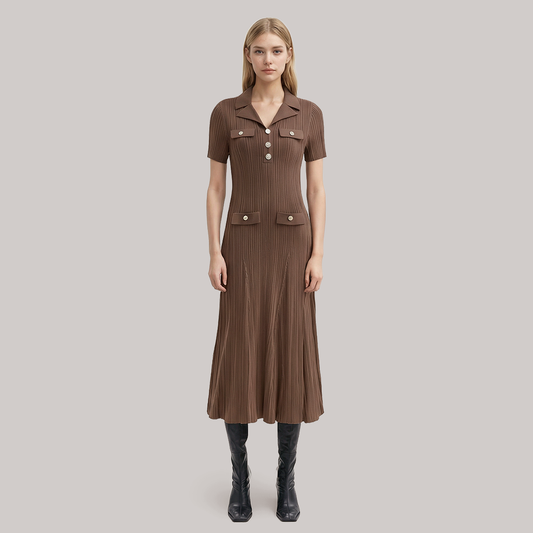 Work office Midi A-Line Knit Chic Turn-down collar Dress - MYTHSIS