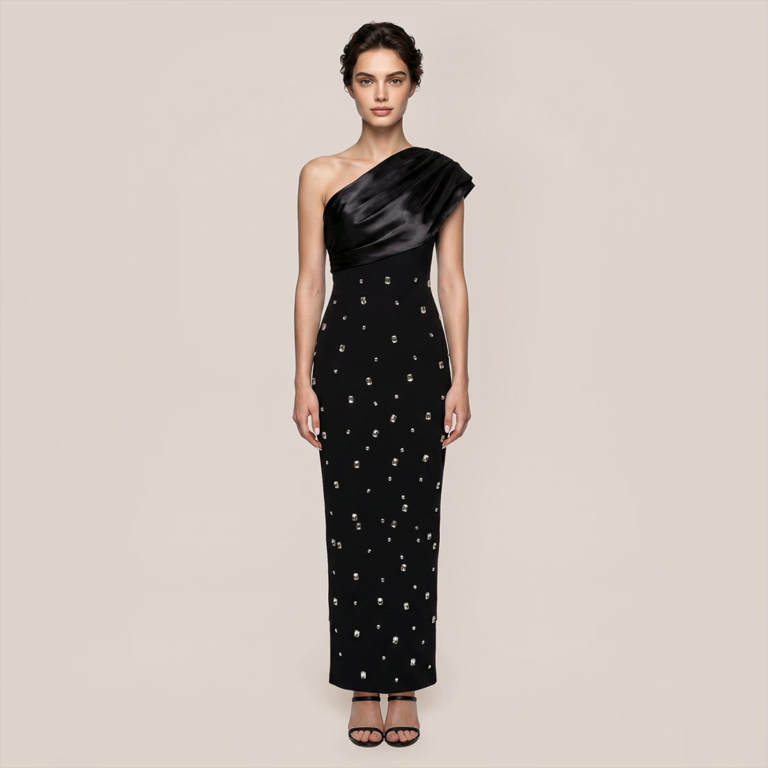 Formal Evening Maxi Bodycon Polyester Glam One-Shoulder Rhinestone Bandage Dress - MYTHSIS