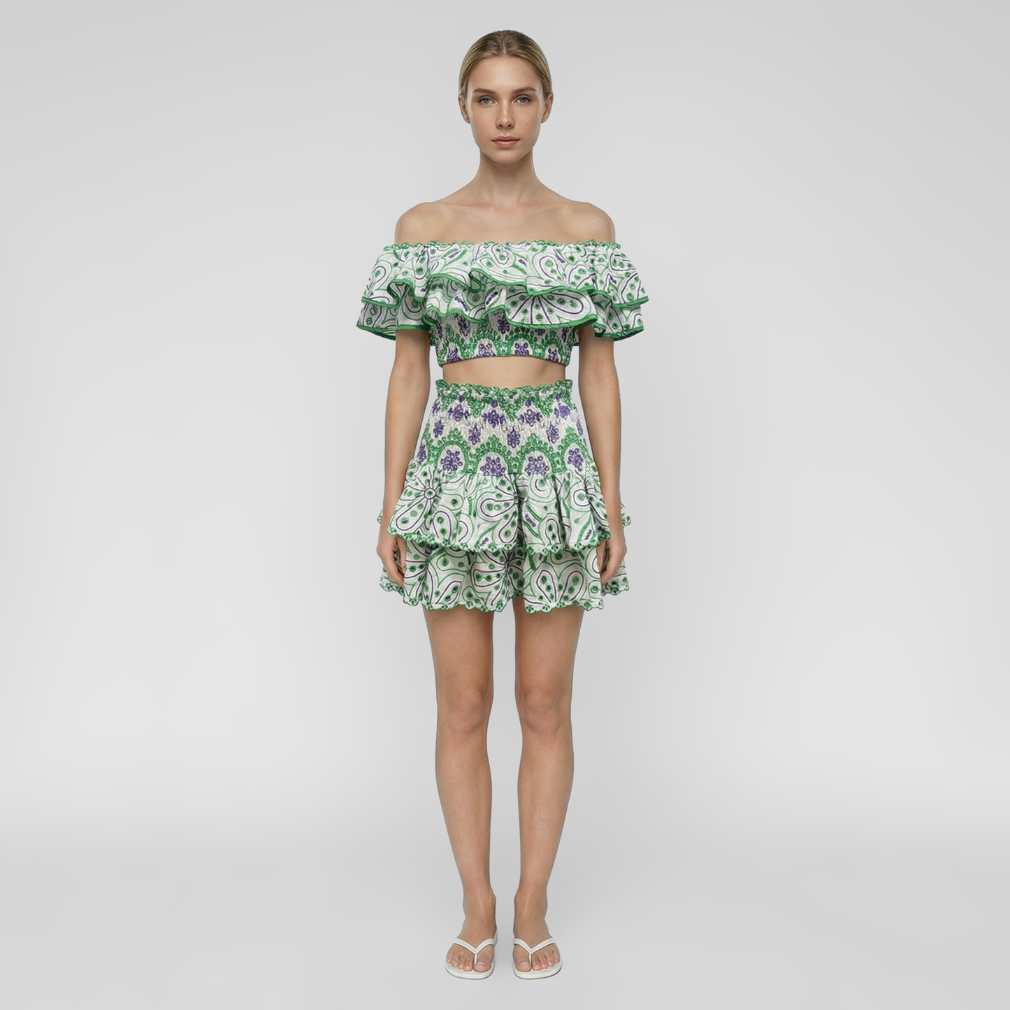 Embroidered Ruffle Off-Shoulder Crop Top and Skirt Set