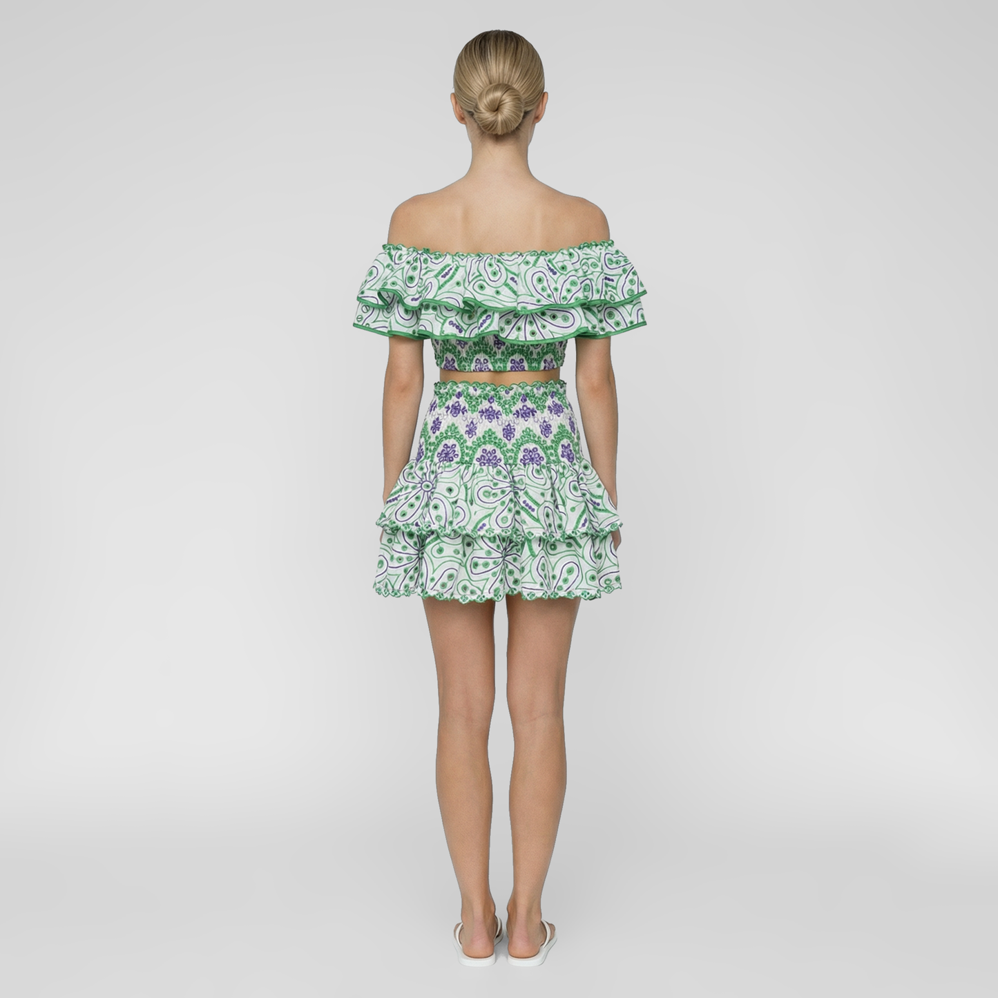 Embroidered Ruffle Off-Shoulder Crop Top and Skirt Set