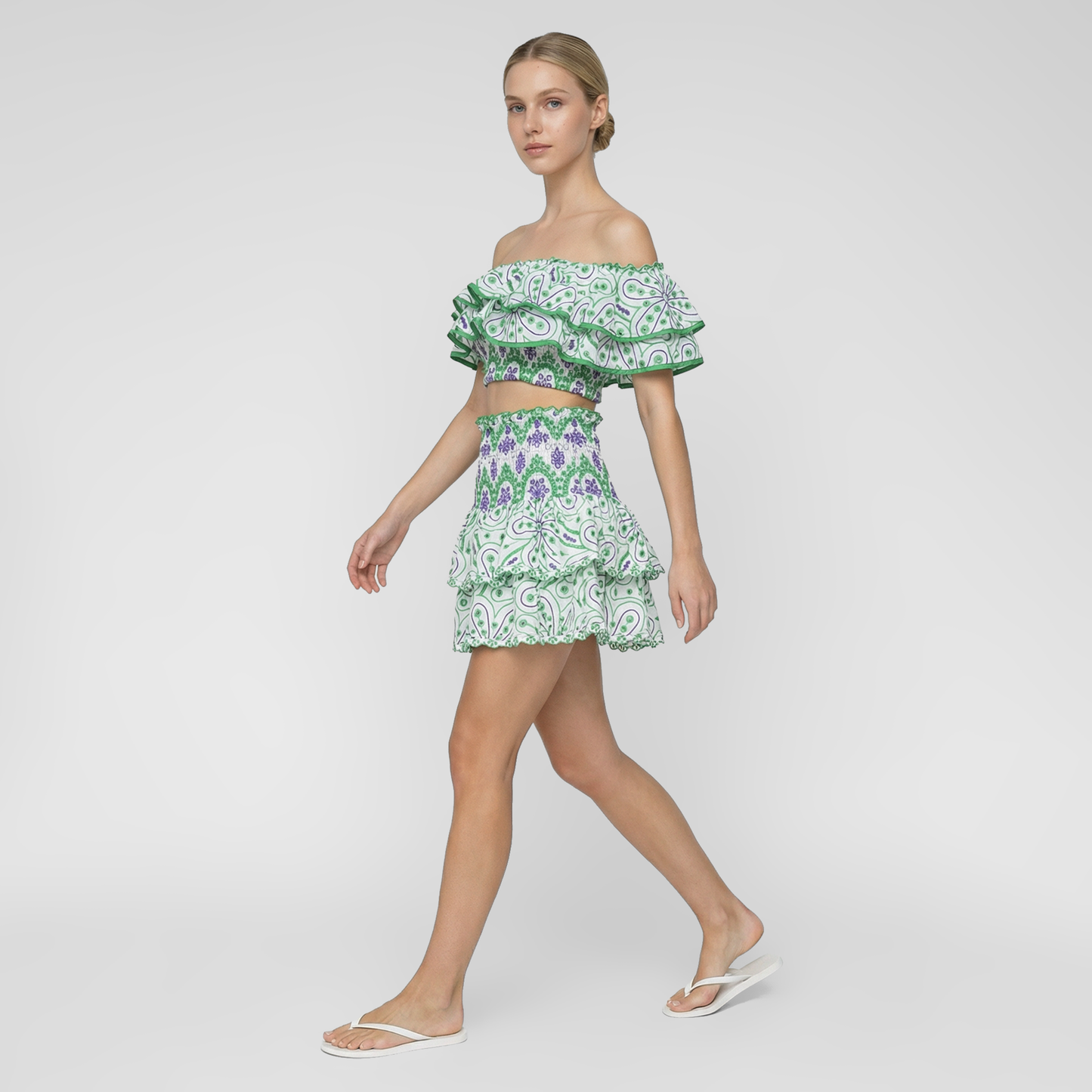 Embroidered Ruffle Off-Shoulder Crop Top and Skirt Set