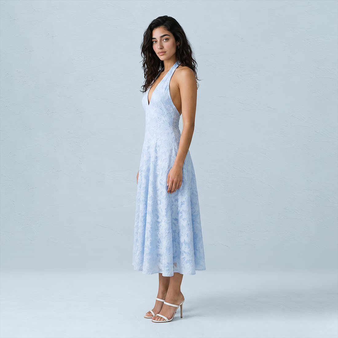 Graduation & Prom Midi A-Line Polyester Glam Halter Neck Jacquard Backless Dress - MYTHSIS
