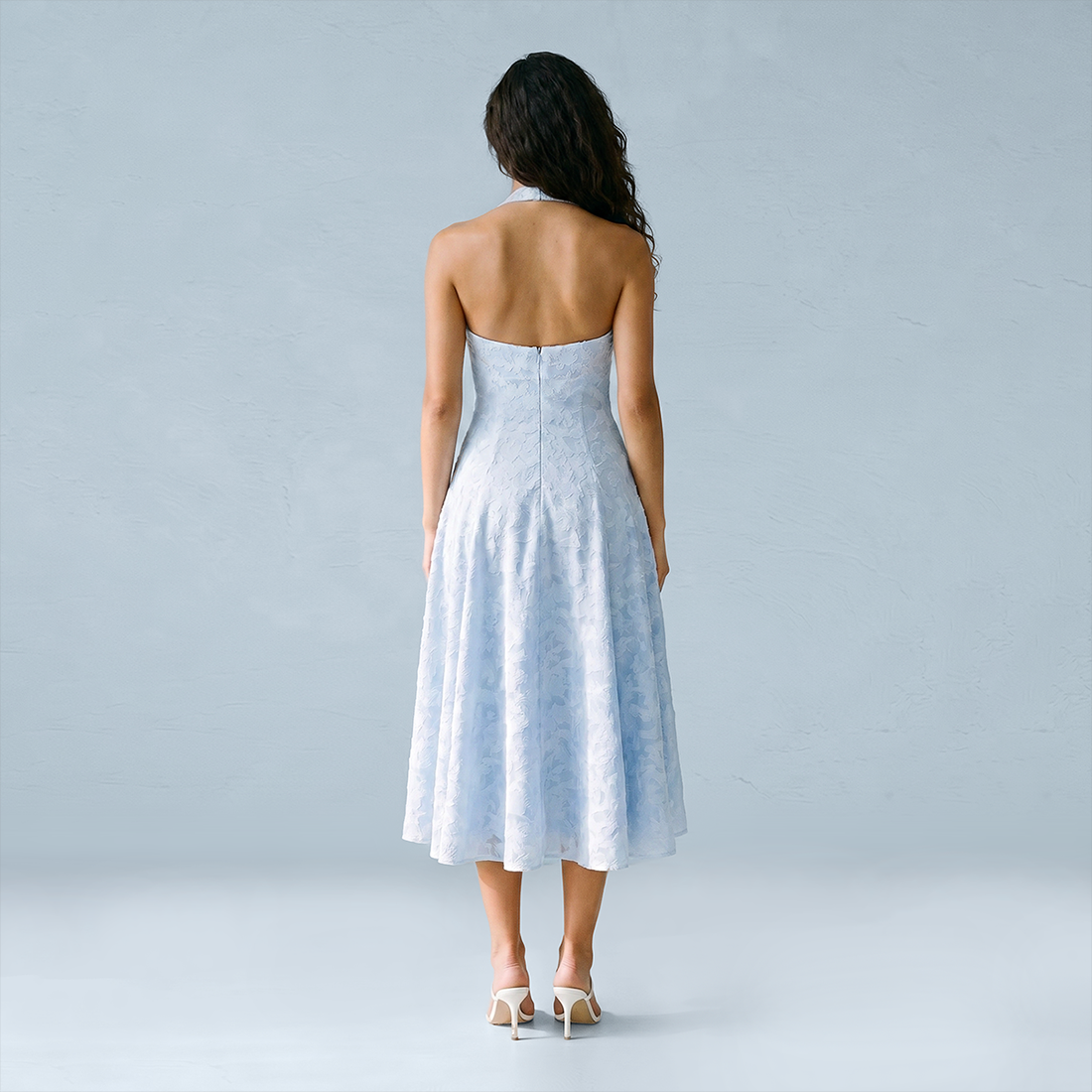 Graduation & Prom Midi A-Line Polyester Glam Halter Neck Jacquard Backless Dress - MYTHSIS