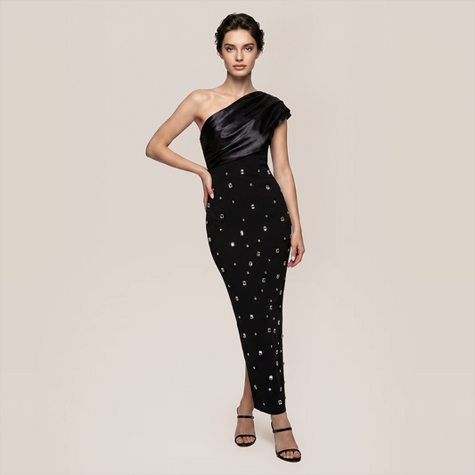 Formal Evening Maxi Bodycon Polyester Glam One-Shoulder Rhinestone Bandage Dress - MYTHSIS