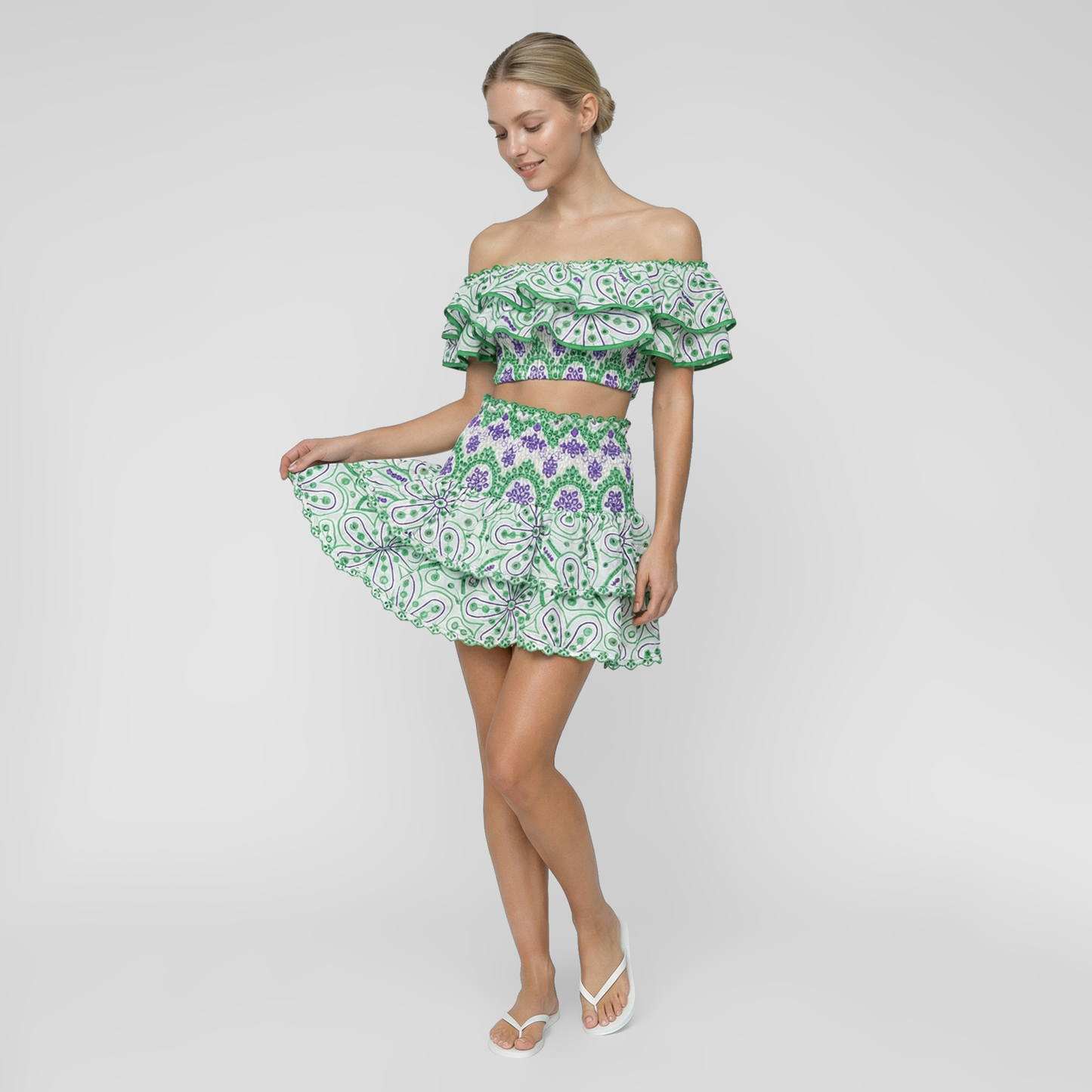Embroidered Ruffle Off-Shoulder Crop Top and Skirt Set