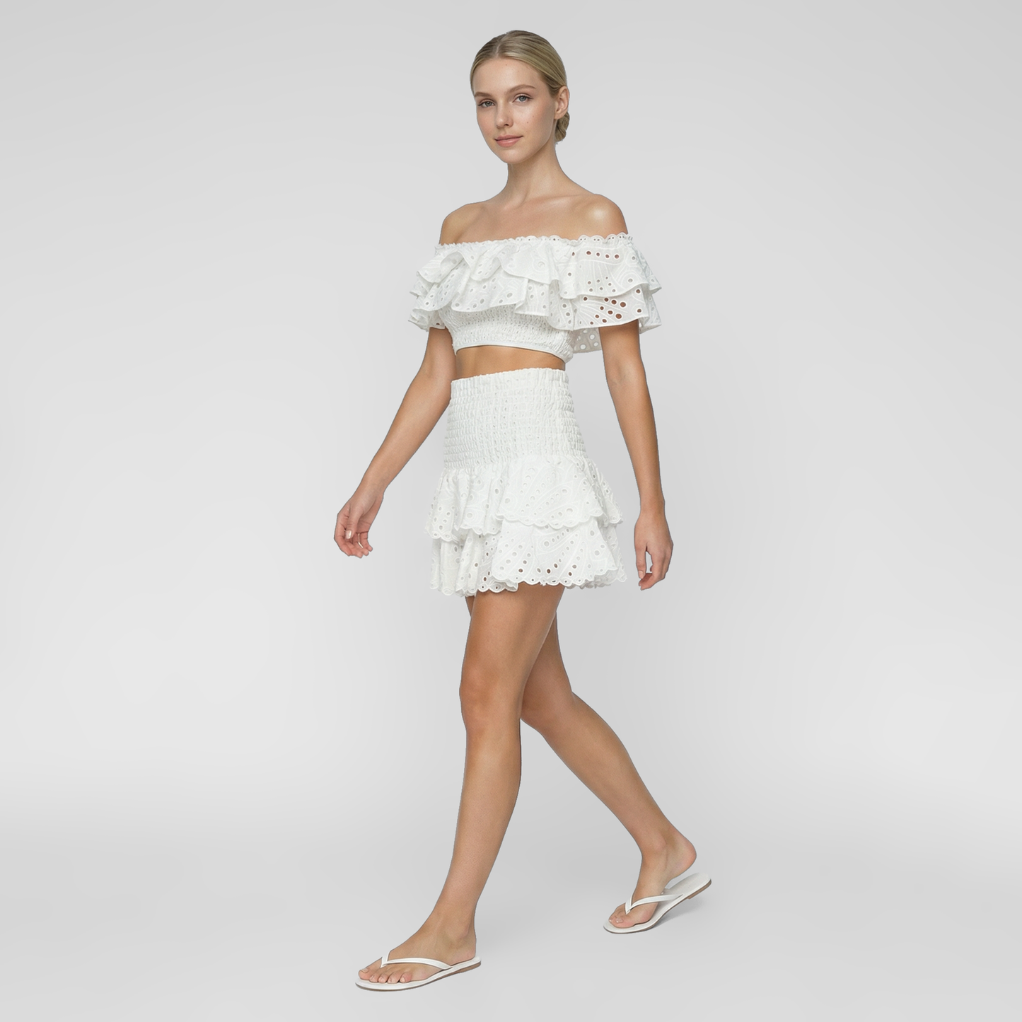 Embroidered Ruffle Off-Shoulder Crop Top and Skirt Set