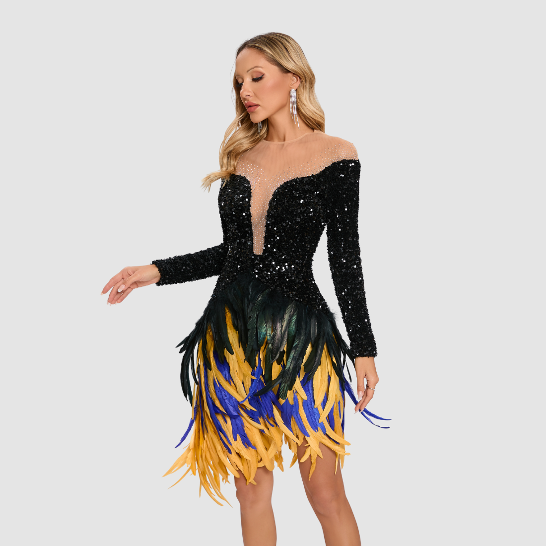 【Party & Event】 Midi Sheath Sequin Polyester Sexy V-Neck Feather Spliced Dress - MYTHSIS