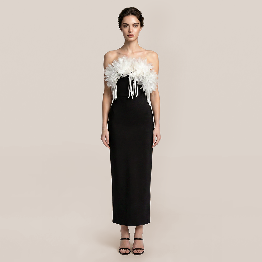 Formal Evening Maxi Bodycon Polyester Elegant 3D Floral Feather Strapless Bandage Dress - MYTHSIS