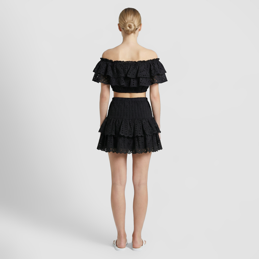 Embroidered Ruffle Off-Shoulder Crop Top and Skirt Set