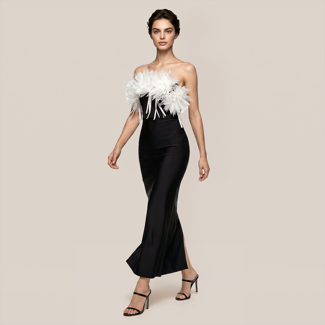 Formal Evening Maxi Bodycon Polyester Elegant 3D Floral Feather Strapless Bandage Dress - MYTHSIS