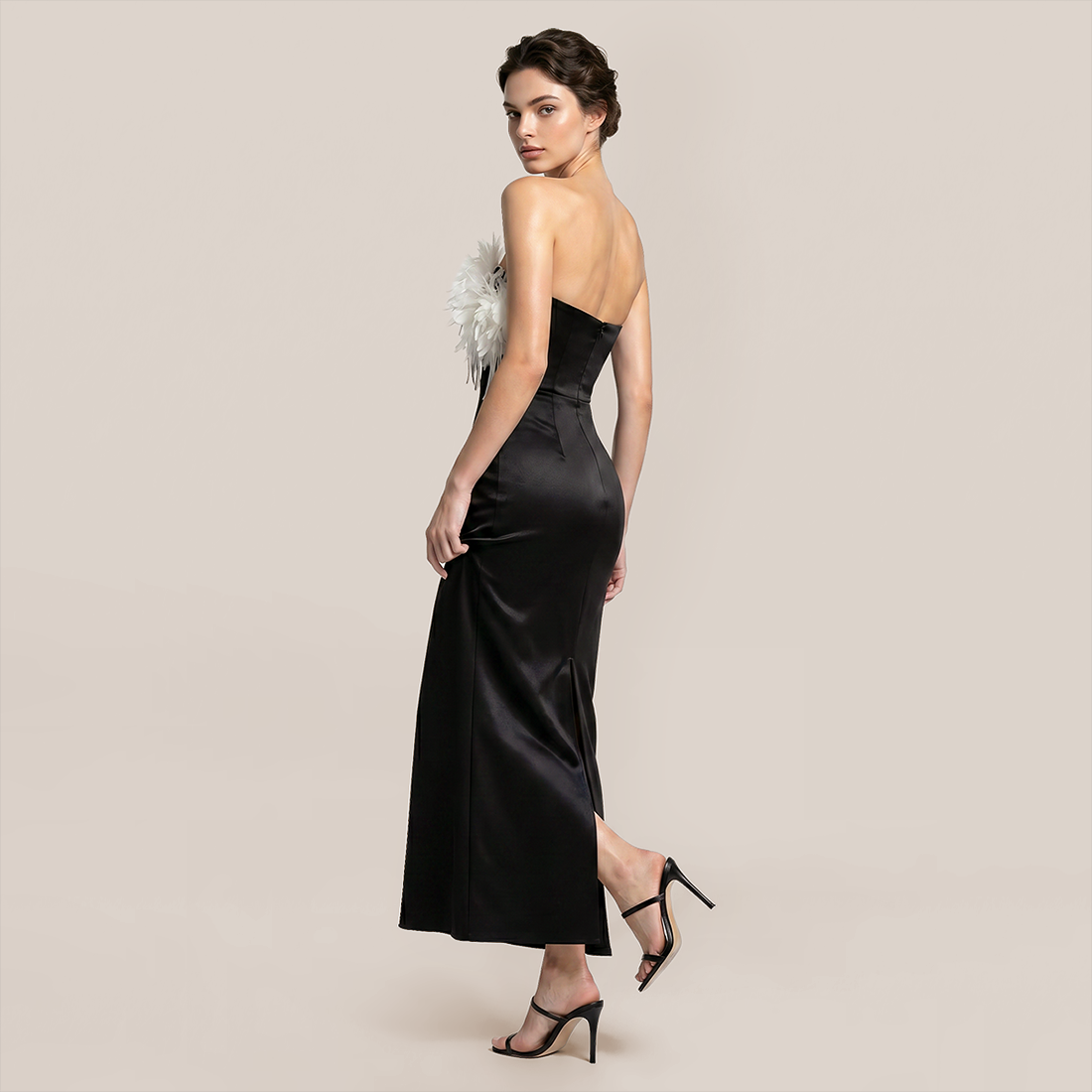 Formal Evening Maxi Bodycon Polyester Elegant 3D Floral Feather Strapless Bandage Dress - MYTHSIS